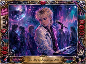 A shy, stylish young musician stands beside a keyboard and microphone in a neon-lit 1980s nightclub, surrounded by dancing silhouettes and a mirrored disco ball. Electric blues, purples, and pinks create a dreamy, intimate glow. Expressive painted textures, vinyl records, cables, bright lips, and ornate gold framing heighten the nostalgic synth-pop atmosphere.