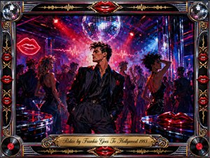 A sharply dressed figure stands amid a crowded 1980s nightclub, surrounded by dancers, mirrored surfaces, and a glowing disco ball. Electric reds, blues, magentas, and chrome highlights create a seductive, high-energy mood. Expressive painted textures, neon lips, vinyl records, gold inlays, and waveform motifs frame the dramatic scene.