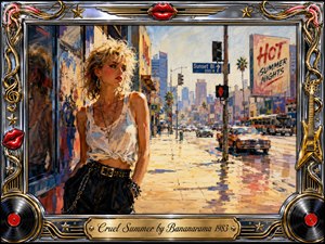 A sunlit city boulevard frames a stylish woman leaning against a shadowed storefront, her tousled blonde hair and white top glowing in harsh summer light. Warm golds, blues, and reds create a restless, nostalgic mood. Painterly brushwork, wet pavement reflections, vintage cars, neon accents, and an ornate chrome-and-gold musical frame enrich the scene.