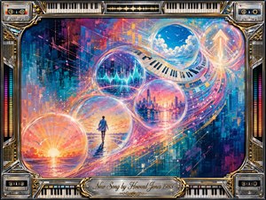 A luminous figure strides through a surreal neon cityscape, surrounded by translucent bubbles holding sunrise, ocean, skyline, and upward-arrow visions. Sweeping piano keys and musical energy form an S-shaped journey across vivid blues, pinks, golds, and oranges. An ornate chrome-and-gold keyboard frame adds polished 1980s futuristic optimism.