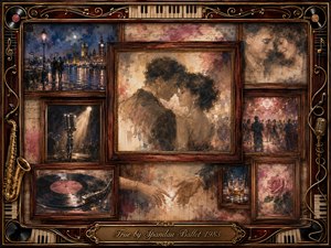A nostalgic rosewood-framed collage surrounds a tender couple leaning close in the central portrait, with moonlit London, dancing figures, a vintage microphone, vinyl record, joined hands, whiskey, and a faded rose nearby. Warm sepia, burgundy, gold, and midnight blue tones glow beneath soft painterly lighting, blending oil, acrylic, and watercolor textures.