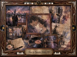 A romantic vintage collage centers on a tender couple framed in rosewood, surrounded by rain-soaked city scenes, handwritten letters, sheet music, a vinyl record, rose, fountain pen, and classic microphone. Warm browns, mauves, gold, and dusky blues glow softly, blending painterly nostalgia with elegant musical ornamentation and fading-memory atmosphere.