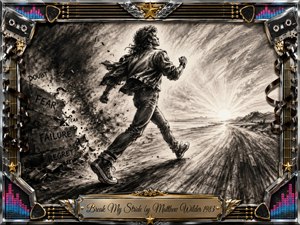 A determined figure strides from shattered walls of doubt, fear, failure, and regret toward a radiant sunrise and open road. Deep charcoal textures create dramatic motion, smoky shadows, and bright contrast. An ornate chrome-and-gold musical frame, accented with cassette tapes, guitar strings, stars, and neon equalizers, completes the energetic 1980s-inspired composition.