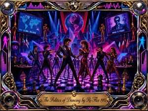 A neon-lit 1980s dance floor becomes a theatrical arena of politics, strategy, and spectacle, where sharply dressed dancers pose amid chess pieces, diplomats, flags, and glowing city towers. Electric blues, magentas, crimson, chrome, and gold blaze under dramatic spotlights, framed by ornate musical details, disco motifs, and an engraved title plate.