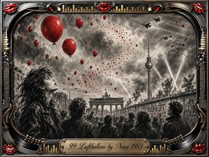 A charcoal cityscape evokes Cold War Berlin as vivid red balloons drift in a sweeping curve above an anxious crowd, military jets, searchlights, and smoky skies. Deep gray textures and selective crimson accents create haunting contrast. An ornate chrome-and-gold music-themed frame, red lips, vinyl details, and engraved title plate complete the dramatic 1980s-inspired artwork.