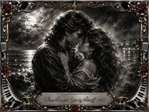 A tender couple embraces beside moonlit water, their faces nearly touching beneath a glowing, clouded sky and distant city lights. Deep feathered charcoal textures create a dreamy, nostalgic mood, while silver, gold, and crimson framing details-roses, microphones, piano keys, records, musical notes, and an engraved title plate-add romantic 1980s grandeur.
