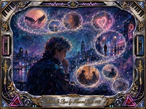 A contemplative man overlooks a glowing nighttime city as luminous memory bubbles swirl through the sky, revealing hands, romance, solitude, and intimate encounters. Rich indigo, violet, teal, and amber tones create a wistful, questioning mood. Expressive oil-paint textures, neon light, cassette details, piano keys, and ornate chrome-gold framing complete the scene.