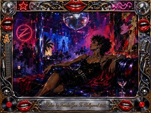 A glamorous figure reclines in a neon-lit 1980s nightclub beneath a mirrored disco ball, surrounded by smoky silhouettes, electric blue, crimson, magenta, and gold light. Rich painterly textures create a seductive, theatrical mood, while an ornate chrome-and-gold frame features red lips, records, instruments, microphones, and an engraved title plate.