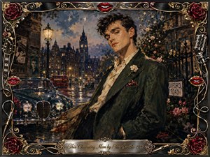 A sharply dressed young man stands on a rain-slicked British street at dusk, framed by roses, chrome, gold filigree, guitar strings, and vintage microphones. Warm lamplight reflects across dark pavement and a classic car, while muted blues, blacks, burgundy, and amber tones create a romantic, witty, nostalgic oil-painted atmosphere.