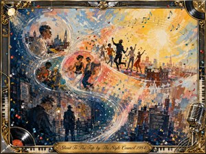 A vibrant musical cityscape surges through sweeping S-curves of light, sound, and movement, blending energetic dancers, musicians, rooftops, and shadowed streets. Warm gold, coral, blue, and cream tones glow under radiant sunlight. Expressive painterly textures, floating notes, confetti, records, instruments, and an ornate gold-and-chrome frame create jubilant sophistication.