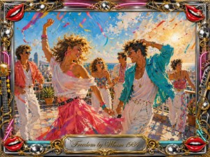 A vibrant rooftop dance celebration captures carefree 1980s energy, with stylish figures moving beneath a brilliant blue sky and warm sunlight. Hot pink, turquoise, white, and gold dominate the lively painted scene. Chrome, guitars, disco balls, neon accents, and smiling red lips decorate the ornate frame and engraved title plate.