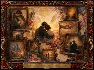 A tender couple embraces amid a nostalgic collage of rosewood-framed memories, glowing candles, roses, handwritten notes, and fading romantic scenes. Warm amber, crimson, and muted blue tones create a wistful atmosphere, illuminated by soft golden light. Painterly textures blend oil, acrylic, and watercolor, enclosed by ornate musical detailing.