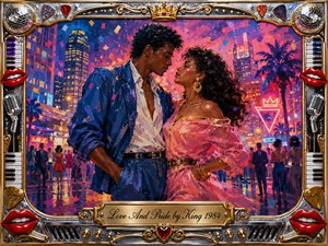 A stylish couple stands close beneath glowing city lights, surrounded by dancing silhouettes and vivid nightlife energy. Rich blues, hot pinks, coral, and gold create a romantic, confident mood in expressive painted strokes. An ornate chrome-and-gold musical frame features red lips, microphones, piano keys, disco balls, and an engraved title plate.