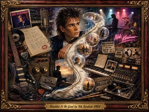 A richly layered 1980s music collage centers on a reflective portrait of Nik Kershaw, surrounded by guitars, keyboards, recording gear, vinyl, tapes, photographs, tickets, and glowing stage scenes. Warm amber, crimson, blue, and gold tones create a nostalgic mood, while feathered memory bubbles sweep through the composition inside an ornate rosewood-and-gold frame.