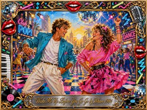 A joyful 1980s dance scene bursts with youthful energy as a stylish couple twirls beneath disco balls and neon lights on a colorful checkerboard floor. Vivid pinks, blues, golds, and warm sunset tones create a celebratory glow. Painterly textures, confetti, records, microphones, bright red lips, and ornate chrome-gold framing amplify the exuberant pop atmosphere.