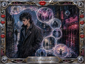 A solitary young figure in a dark leather jacket walks through a rain-soaked neon city, surrounded by glowing memory bubbles containing dancers, lovers, and lonely silhouettes. Deep blues, charcoal blacks, magenta reflections, and soft pink light create a melancholic mood, framed by chrome, gold inlay, red lips, microphones, and disco-ball details.