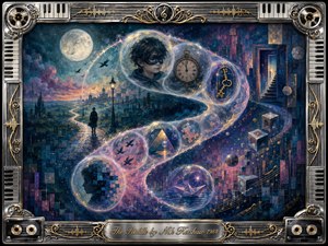 A mysterious dreamscape unfolds beneath moonlight, where luminous feathered bubbles sweep in an S-curve through a surreal midnight city. Faces, clocks, keys, birds, geometric puzzles, and a paper boat suggest unanswered questions and shifting memories. Deep blues, violet, gold, and silver glow within a richly textured painterly frame of keyboards, tape reels, and ornate metalwork.