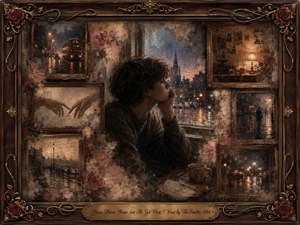 A solitary young man sits beside a rain-streaked window, surrounded by faded framed memories of wet city streets, empty benches, handwritten letters, and dim interiors. Warm sepia, rose, charcoal, and muted blue tones create wistful melancholy. Painterly textures, soft lamplight, roses, musical strings, and ornate rosewood framing deepen the nostalgic atmosphere.