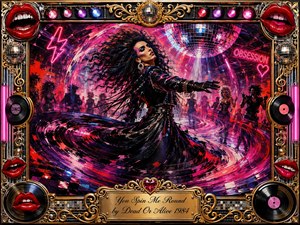 A glamorous 1980s-inspired dancer spins across a neon nightclub beneath a sparkling disco ball, surrounded by swirling pink, red, violet, blue, and black brushstrokes. Dramatic acrylic textures, flying hair, reflective lights, and dancing silhouettes create energetic motion. An ornate chrome-and-gold frame features red lips, vinyl records, neon accents, and an engraved title plate.