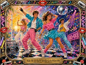 A jubilant 1980s dance party bursts across a checkerboard floor, with four energetic dancers surrounded by confetti, neon music notes, a disco ball, and a retro boombox. Hot pink, turquoise, yellow, and chrome glow beneath sunrise and club lighting. Expressive acrylic brushwork and an ornate music-themed frame amplify the playful pop exuberance.