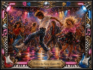 A jubilant 1980s dance party explodes with movement as energetic dancers kick, spin, and celebrate beneath a glittering disco ball. Vivid pink, blue, gold, and red lights reflect across the floor in expressive painterly strokes. An ornate chrome-and-gold music-themed frame, guitars, neon accents, and engraved title plate complete the exuberant scene.