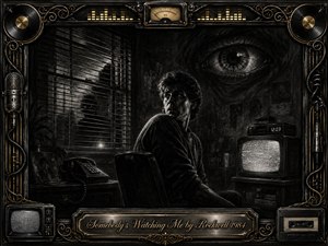 A frightened man sits in a shadowy 1980s room, glancing toward blinds where a mysterious figure watches outside. A giant eye looms overhead while a static-filled television glows nearby. Deep feathered charcoal textures, stark monochrome lighting, and smoky shadows create tense paranoia, framed by ornate black chrome, gold inlay, records, microphones, and vintage audio details.
