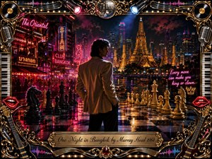 A stylish man stands on a rain-slicked chessboard overlooking neon-lit Bangkok, framed by glowing temples, skyscrapers, nightlife, and river reflections. Hot pinks, reds, golds, blues, and deep shadows create a seductive 1980s atmosphere. Ornate chrome-and-gold musical framing, chess pieces, microphones, guitars, piano keys, and disco details heighten the theatrical mood.