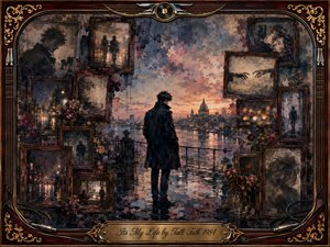 A solitary figure stands on a rain-slicked riverside promenade at dusk, surrounded by faded framed memories, wilted roses, and shadowy city reflections. Muted blues, smoky grays, amber lights, and rose tones create a melancholic atmosphere. Painterly textures blend oil, acrylic, and watercolor, enclosed by ornate rosewood and gold musical detailing.