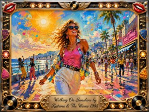 A joyful woman strides along a sunlit seaside promenade, surrounded by dancing crowds, palm trees, and sparkling blue water. Bold pinks, yellows, turquoise, and gold create an exuberant 1980s mood. Thick painterly textures, radiant sunlight, musical notes, chrome details, records, guitar picks, and a decorative engraved frame amplify the celebratory energy.