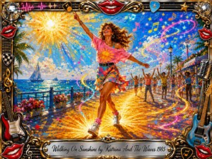 A joyful woman dances along a sunlit seaside promenade, surrounded by cheering figures, sparkling ocean views, confetti, and swirling musical notes. Brilliant yellows, blues, pinks, and oranges glow beneath radiant sunlight. The energetic acrylic-painted style is framed with ornate gold, chrome, guitars, microphones, disco balls, red lips, and musical decorations.