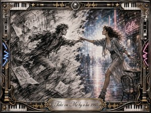 A dramatic charcoal dreamscape shows a young man and woman reaching toward each other across a fractured boundary between sketch and reality. Smoky blacks, silvery grays, icy blues, and neon pinks create a romantic, urgent mood. An ornate chrome-and-gold musical frame surrounds the scene, finished with guitars, piano keys, sound waves, and an engraved title plate.