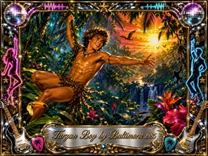 A joyful jungle hero swings through lush tropical foliage above waterfalls at sunset, radiating carefree adventure and rhythmic energy. Vivid greens, oranges, pinks, and electric blues glow under dramatic golden light. Glossy 1980s digital painting blends neon dancers, guitars, disco balls, tropical flowers, and chrome-gold framing around an ornate engraved title plate.