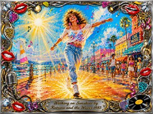 A joyful woman dances along a sun-drenched seaside boardwalk, surrounded by sparkling water, colorful buildings, palm trees, and lively crowds. Brilliant yellows, blues, pinks, and turquoise create an exuberant mood. Energetic acrylic-style brushwork, radiant sunlight, musical notes, confetti, chrome details, red lips, records, and guitar picks complete the vibrant frame.