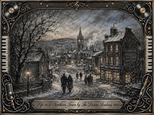 A snow-covered northern town unfolds beneath a smoky blue-gray dusk, with glowing windows, winding streets, bare trees, and bundled figures creating a wistful, nostalgic mood. Deep feathered charcoal textures dominate the scene, framed by ornate piano keys, vinyl records, cables, stars, metallic scrollwork, and an elegant engraved title plate.