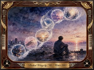 A solitary figure sits beside a glowing waterfront at sunset as translucent memory bubbles rise in an elegant S-curve, holding fractured horizons, reaching hands, city lights, and winged imagery. Soft blues, violets, and warm golds create a reflective mood. Watercolor textures, luminous highlights, and an ornate musical frame complete the nostalgic composition.