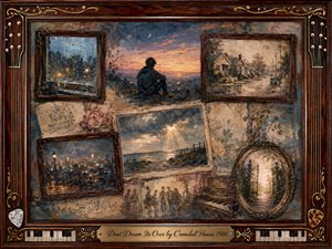 A nostalgic rosewood-framed collage blends rainy windows, quiet streets, city lights, ocean horizons, and a solitary figure beneath a glowing dusk sky. Muted blues, sepia browns, and warm amber highlights create a reflective, hopeful mood. Painterly textures, roses, piano keys, guitar strings, and ornate gold details enrich the composition.