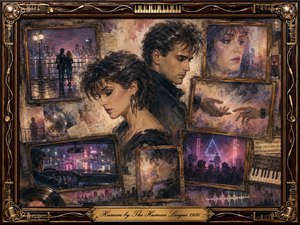 A nostalgic synth-pop collage portrays a solemn young couple surrounded by fractured memories of rainy city nights, intimate gestures, neon performances, and fading portraits. Warm sepia, violet, blue, and rose tones blend through painterly textures and soft dramatic light. An ornate rosewood-and-gold musical frame reinforces the mood of regret, vulnerability, and human connection.