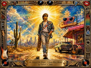 A cool young man in dark sunglasses strides along a sun-drenched desert highway beneath an explosive golden sunburst. Retro diner neon, a classic car, cactus, guitar, and distant skyline create an upbeat 1980s atmosphere. Rich blues, oranges, and golds glow within an ornate music-themed frame of chrome, records, lips, and equalizer details.