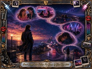 A solitary man overlooks a glowing city as feathered memories curve through the night in a graceful S-shape, recalling laughter, romance, travel, music, and farewell. Rich indigo, violet, rose, and amber lighting creates a wistful 1980s atmosphere, framed by ornate chrome, gold, musical details, photographs, and a polished engraved title plate.