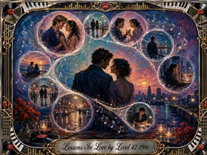 A romantic couple stands beside a glowing waterfront city at twilight, surrounded by luminous memory bubbles showing tenderness, conflict, solitude, and reconciliation. Rich blues, violet, coral, and gold create a nostalgic mood. Expressive painted textures, musical notes, roses, candles, records, piano keys, and ornate metallic framing complete the emotional montage.