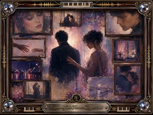 A nostalgic rosewood-framed collage portrays a couple drifting through tenderness, regret, and reconciliation amid faded portraits, city lights, intimate gestures, and misty memories. Muted violet, rose, blue, and amber tones glow under soft diffused light, blending painterly oil and watercolor textures with ornate gold trim, keyboards, mirrored accents, and an engraved title plate.