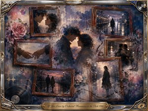 A nostalgic collage of fading romantic memories fills ornate rosewood frames, showing a young couple embracing, reaching hands, and walking apart along rain-slicked streets. Deep blues, dusty rose, violet, and warm gold glow under twilight lighting. Painterly oil, acrylic, and watercolor textures mingle with roses, vinyl records, cassettes, musical motifs, and an engraved brass title plate.