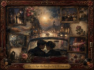 A rain-soaked nocturnal collage centers on a young couple leaning close inside a vintage car, surrounded by framed city scenes, roses, handwritten memories, and glowing streetlights. Deep burgundy, bronze, amber, and charcoal tones create romantic melancholy. Painterly textures, ornate rosewood framing, musical ornaments, and warm reflected light evoke timeless longing.