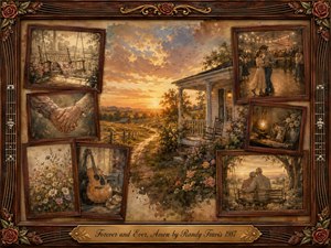 A nostalgic country-romance collage surrounds a glowing farmhouse at sunset, with rosewood frames holding tender memories of dancing, clasped hands, wildflowers, an acoustic guitar, and an elderly couple together. Warm amber, sepia, cream, and rose tones, soft painterly textures, ornate guitar-string framing, and golden light create enduring affection and timeless devotion.