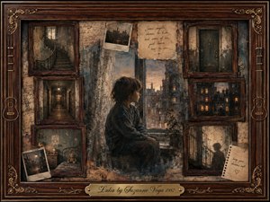 A solitary child sits beside a rain-darkened apartment window, surrounded by faded framed memories of stairwells, hallways, doors, and shadowed rooms. Muted browns, charcoal grays, and dusty blues create a quietly troubled mood. Warm window lights contrast the darkness, while layered oil-and-watercolor textures and ornate rosewood framing deepen the sense of isolation.