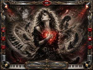 A dramatic charcoal portrait centers on a passionate woman clutching a glowing crimson heart amid swirling feathers, piano keys, guitar imagery, smoke, and ghostly figures. Deep blacks, silvery grays, and red highlights create a theatrical 1980s rock mood, framed by ornate chrome, gold filigree, red lips, microphones, records, and musical details.