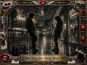 Two young figures face each other in a deserted late-night shopping mall, surrounded by glowing signs, mirrored reflections, and a solitary boombox. Deep feathered charcoal creates a secretive, romantic mood, while soft highlights shimmer across the floor. An ornate chrome-and-gold music-themed frame adds vivid red lips, cassettes, records, and retro details.