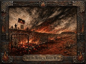 Burning metal bed frames stretch across a scorched Australian outback beneath a turbulent charcoal sky, glowing with ember reds, burnt orange, and smoky black. Protest silhouettes, an Indigenous flag, and a distant rock formation intensify the urgent mood. A rugged industrial frame of rusted metal, wire, flames, and musical details completes the dramatic composition.