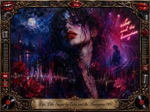 A darkly romantic figure with vivid red lips emerges beneath a moonlit blue-and-magenta sky, surrounded by roses, neon glow, sound-wave textures, and a distant guitarist. Rich oil-paint impasto creates dramatic movement and sensual atmosphere, while an ornate black-and-gold musical frame with records, microphones, and engraved title plate completes the composition.