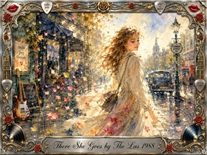 A radiant young woman turns gracefully along a rain-slicked London street, her flowing dress and windblown hair glowing in warm golden sunlight. Soft watercolor and painterly textures blend cream, blue, rose, and amber tones. Guitars, records, roses, musical strings, and ornate chrome-gold framing create a nostalgic, romantic indie-pop atmosphere.